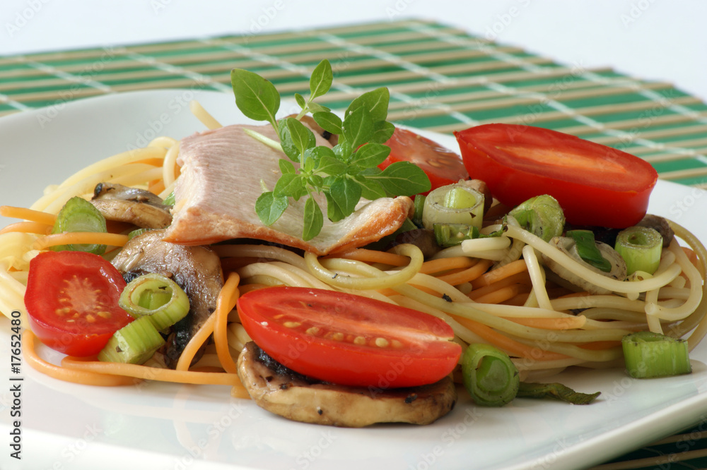 smoked trout with colored spaghetti and vegetable smoked trout with colored spaghetti and vegetable