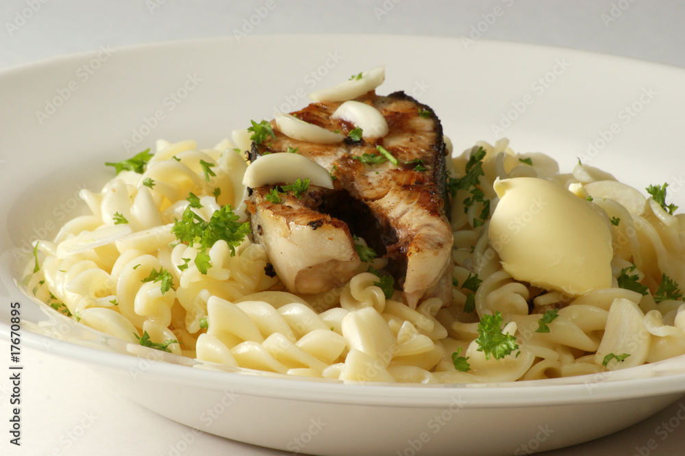 pasta with grilled salmon steak and butter pasta with grilled salmon steak and butter