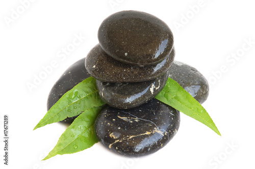 Spa stones and green leaves