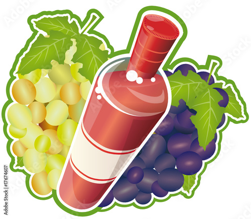 Bouteille dynamique de vin rosé avec des grappes de raisins