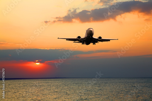Silhouette of the big plane on a sunset background © Shchipkova Elena