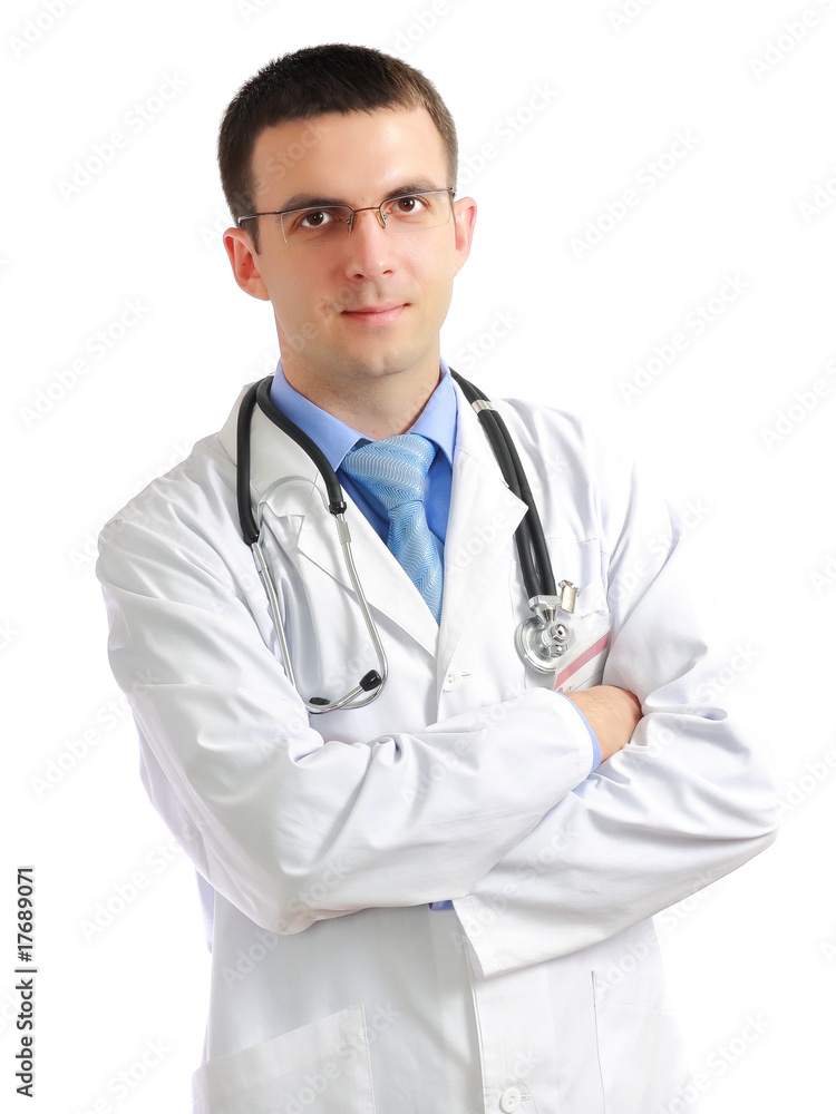 Portrait of friendly medical doctor with stethoscope. Isolated. Portrait of friendly medical doctor with stethoscope. Isolated.