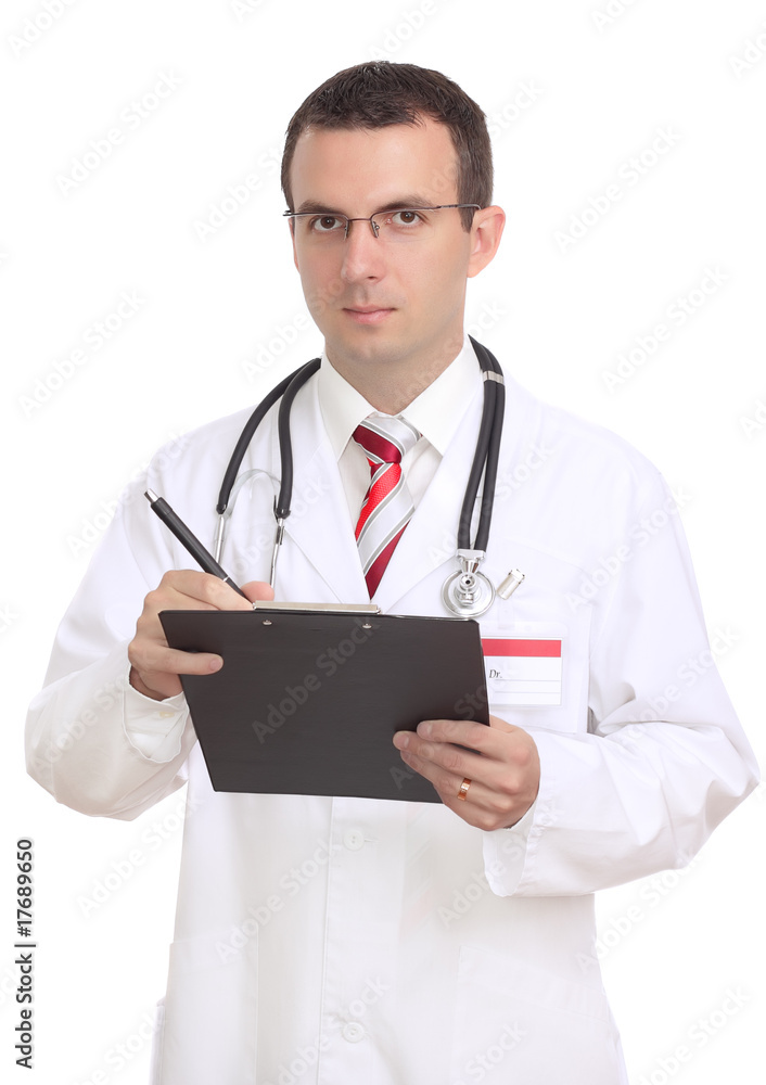 Young medical doctor write on paper pad. Isolated Young medical doctor write on paper pad. Isolated