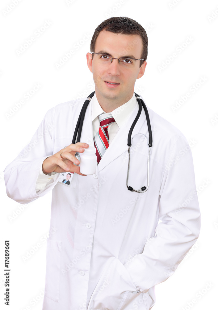 Friendly medical doctor with blank pill's bottle. Isolated Friendly medical doctor with blank pill's bottle. Isolated