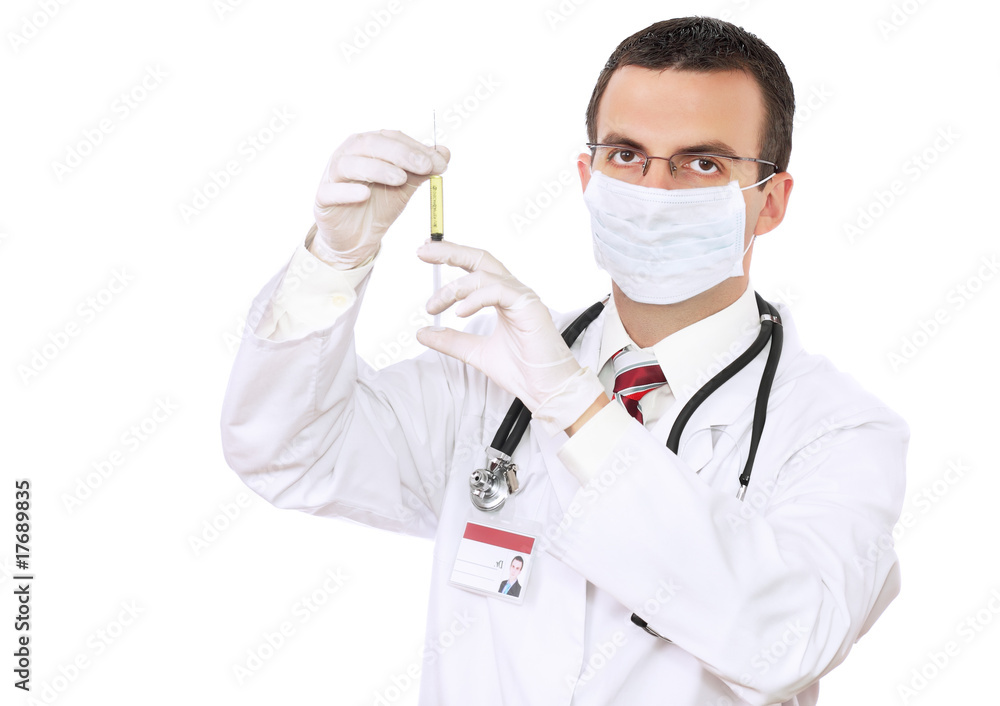 Doctor in mask with syringe medication. Isolated Doctor in mask with syringe medication. Isolated