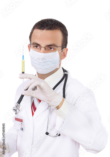 Doctor in mask with  syringe medication. Isolated