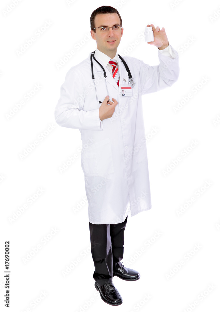 Friendly medical doctor with blank pill's bottle Friendly medical doctor with blank pill's bottle