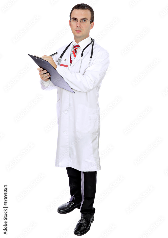 Friendly medical doctor write on paper pad. Isolated Friendly medical doctor write on paper pad. Isolated