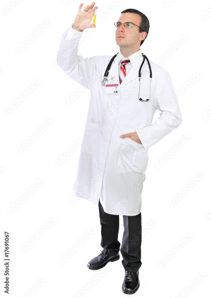 Friendly doctor -intern resarch a medical test glass. Isolated. Friendly doctor -intern resarch a medical test glass. Isolated.