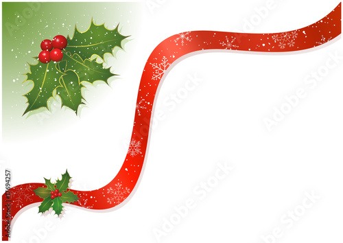 Christmas postcard with holly, berries and snow.