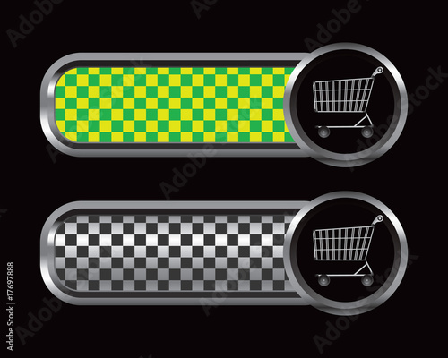 Shopping cart on green and black checkered banners
