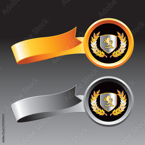 Lion shield on orange and gray ribbons