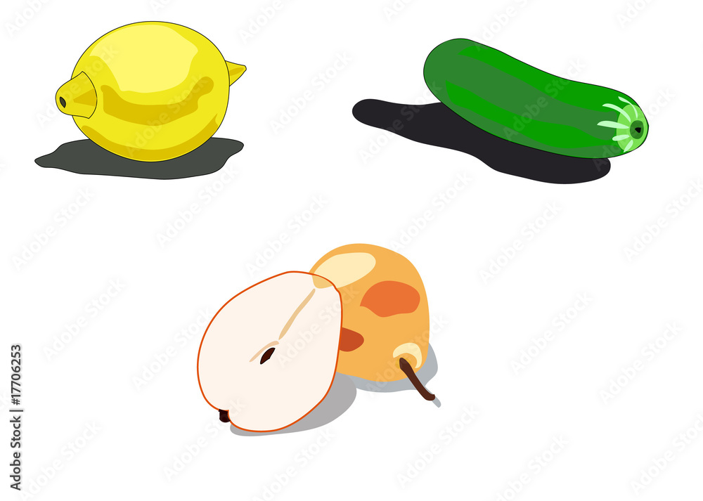 Lemon, cucumber, pears on a white background with shades Lemon, cucumber, pears on a white background with shades