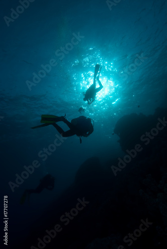 Silhouetted divers above a coral reef
