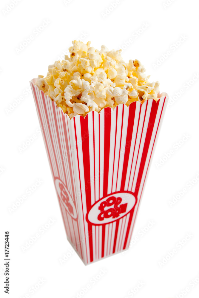 a red and white popcorn container on white