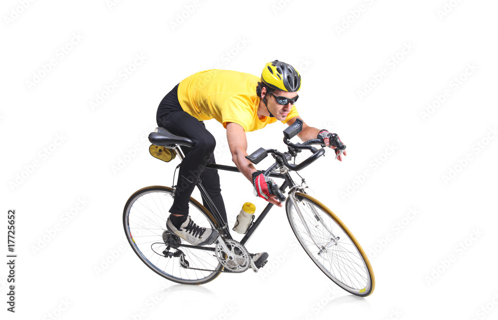 Young man riding a bicycle isolated on white background Young man riding a bicycle isolated on white background