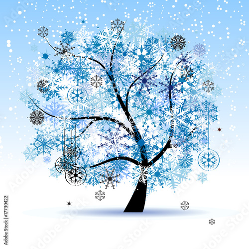 Winter tree, snowflakes. Christmas holiday.