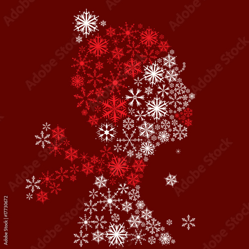 Stylized woman head, snowflakes. Winter season.