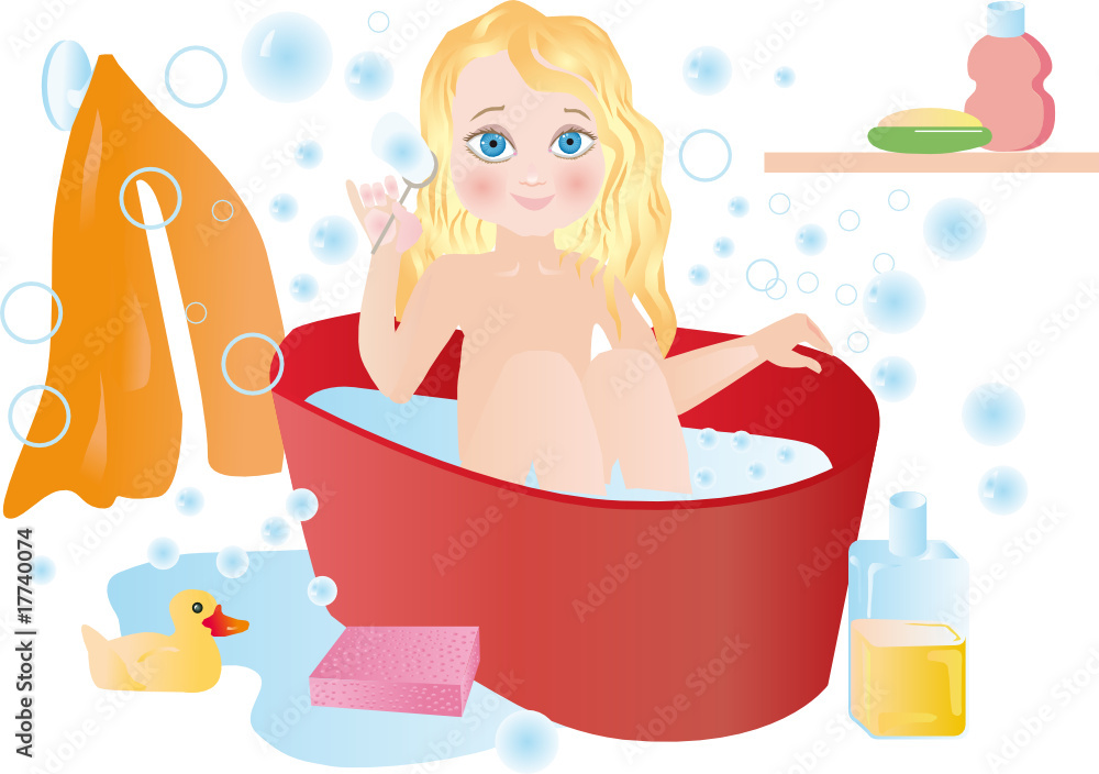 A small child bathes in red bath among soap-bubbles A small child bathes in red bath among soap-bubbles