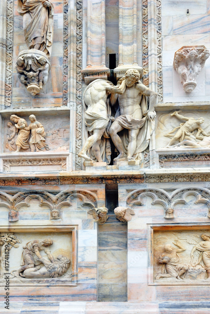 Italy, Milan cathedral wall details.