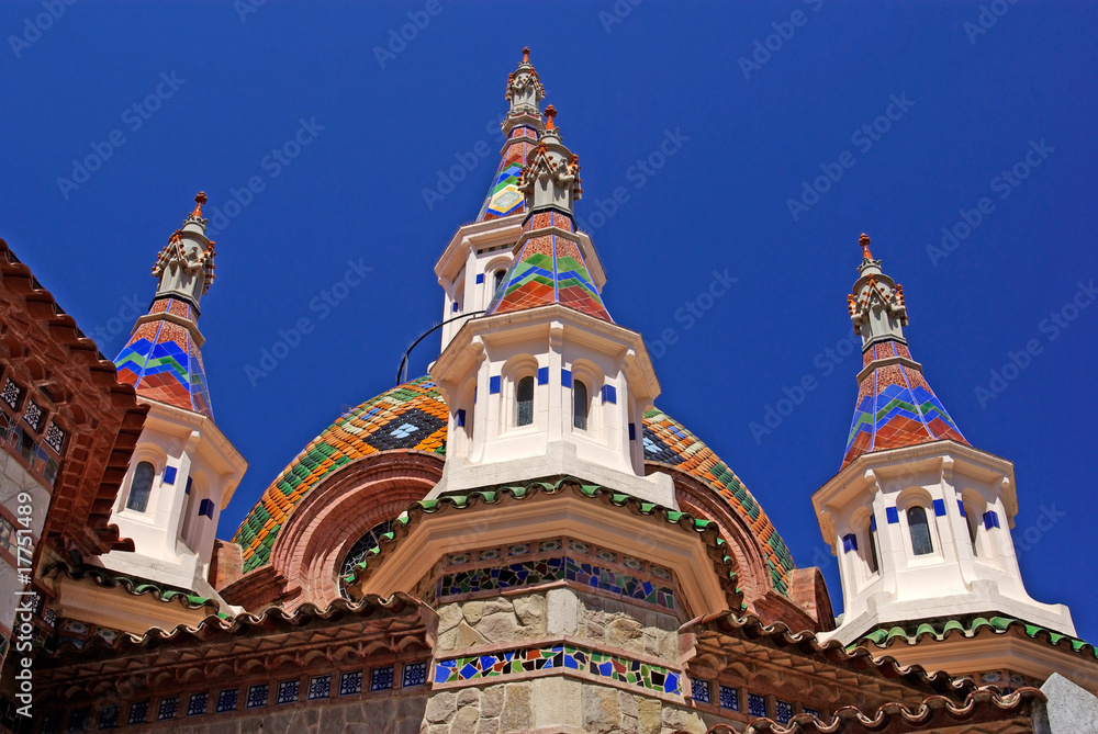 Fototapeta premium Church dome colorful mosaic tiled roof tower architecture travel Spain blue sky travl