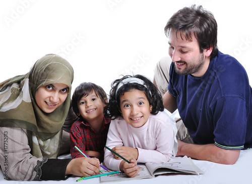Happy family with several members in education process