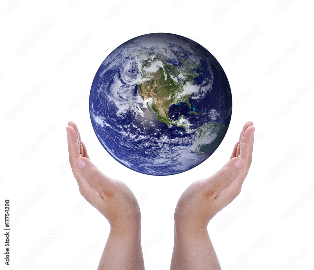 Isolated white hands and Earth in the middle Isolated white hands and Earth in the middle