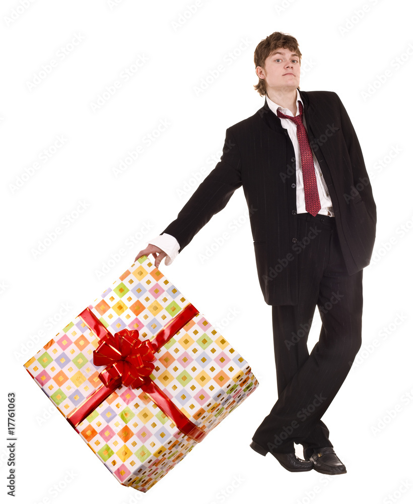 Business man with big gift box.Isolated. Business man with big gift box.Isolated.