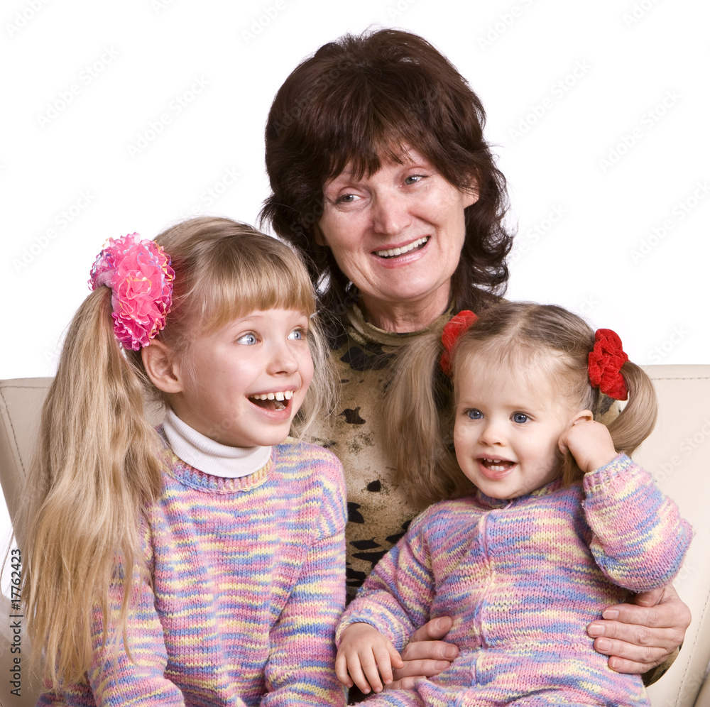 Happy family grandmother and two child girl. Isolated. Happy family grandmother and two child girl. Isolated.