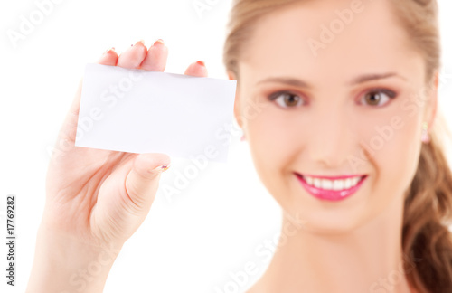 happy girl with business card