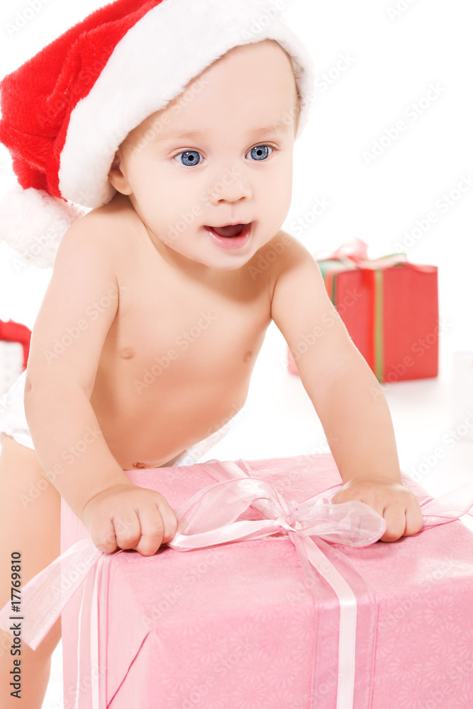 santa helper baby with christmas gifts
