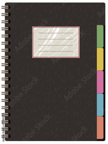 Spiral bound notebook vector clipart with dividers and label for text isolated on white