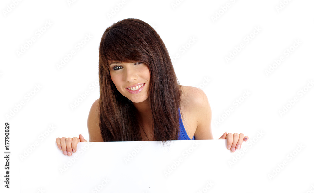 Beautiful woman holding empty white board Beautiful woman holding empty white board