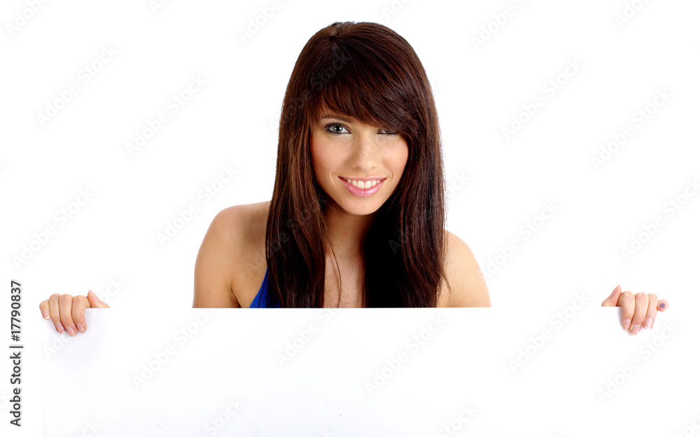 Beautiful woman holding empty white board Beautiful woman holding empty white board