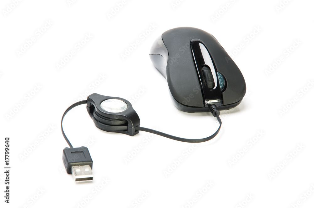 Black computer mouse with cable and plug Black computer mouse with cable and plug