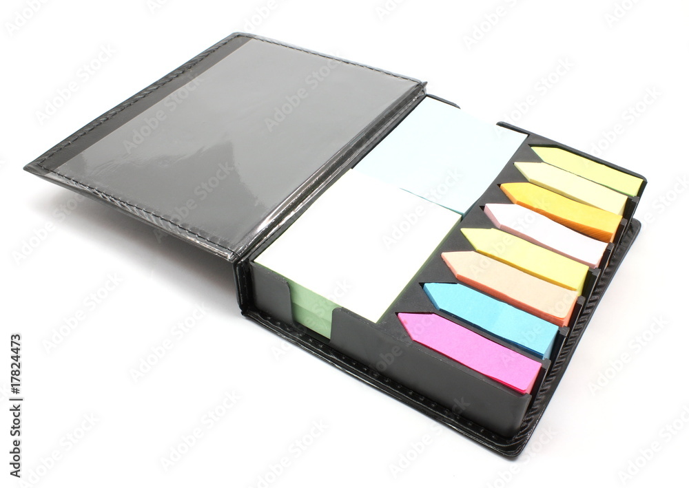 Leather book full of sticky notes Leather book full of sticky notes