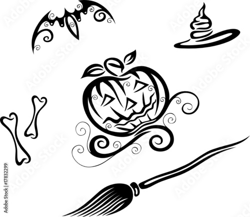 Halloween Set, Kürbis, Knochen, Fledermaus, Besen, Hut
