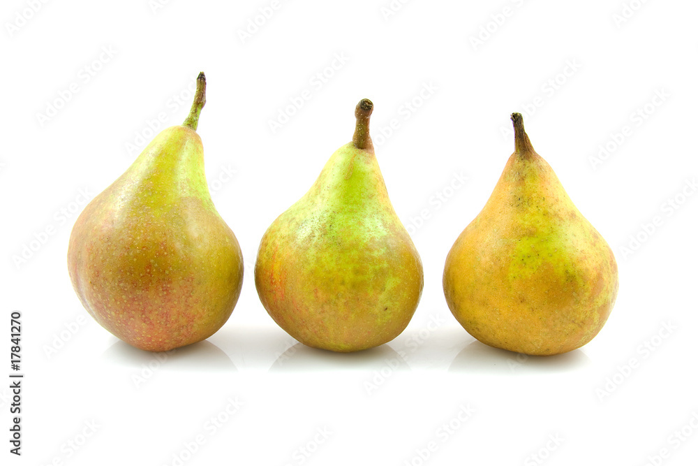 Three pears in a row over white background Three pears in a row over white background