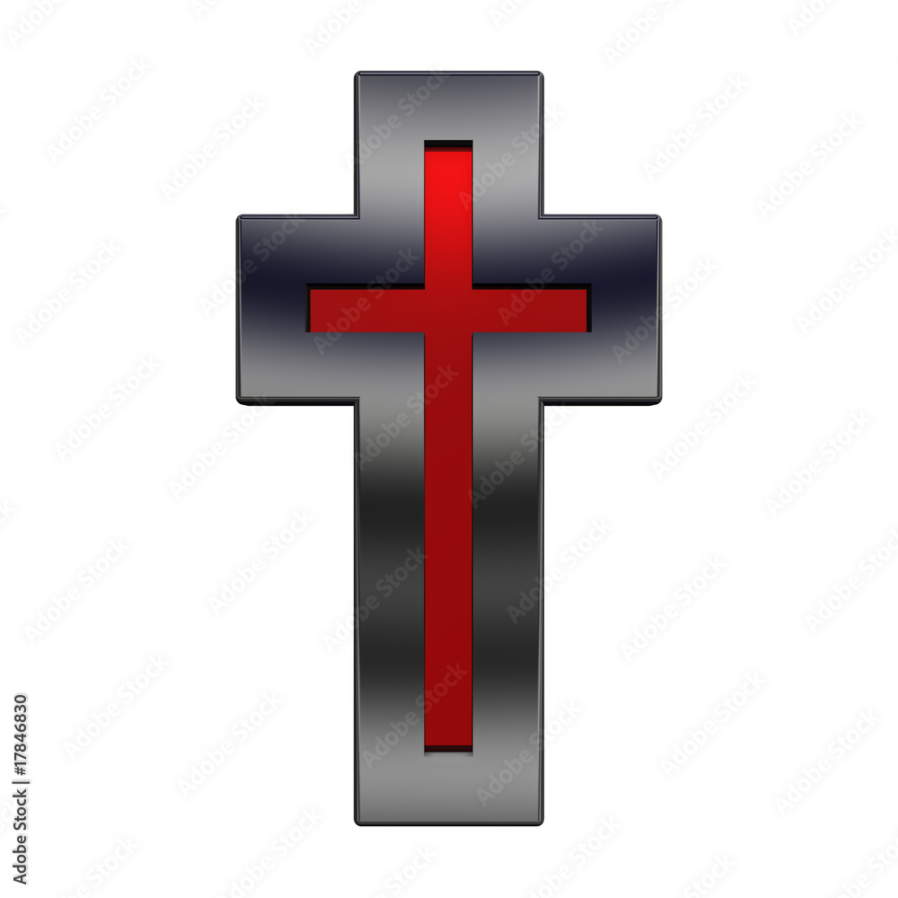 Obraz premium Ruby with shiny black frame Christian cross isolated on white.