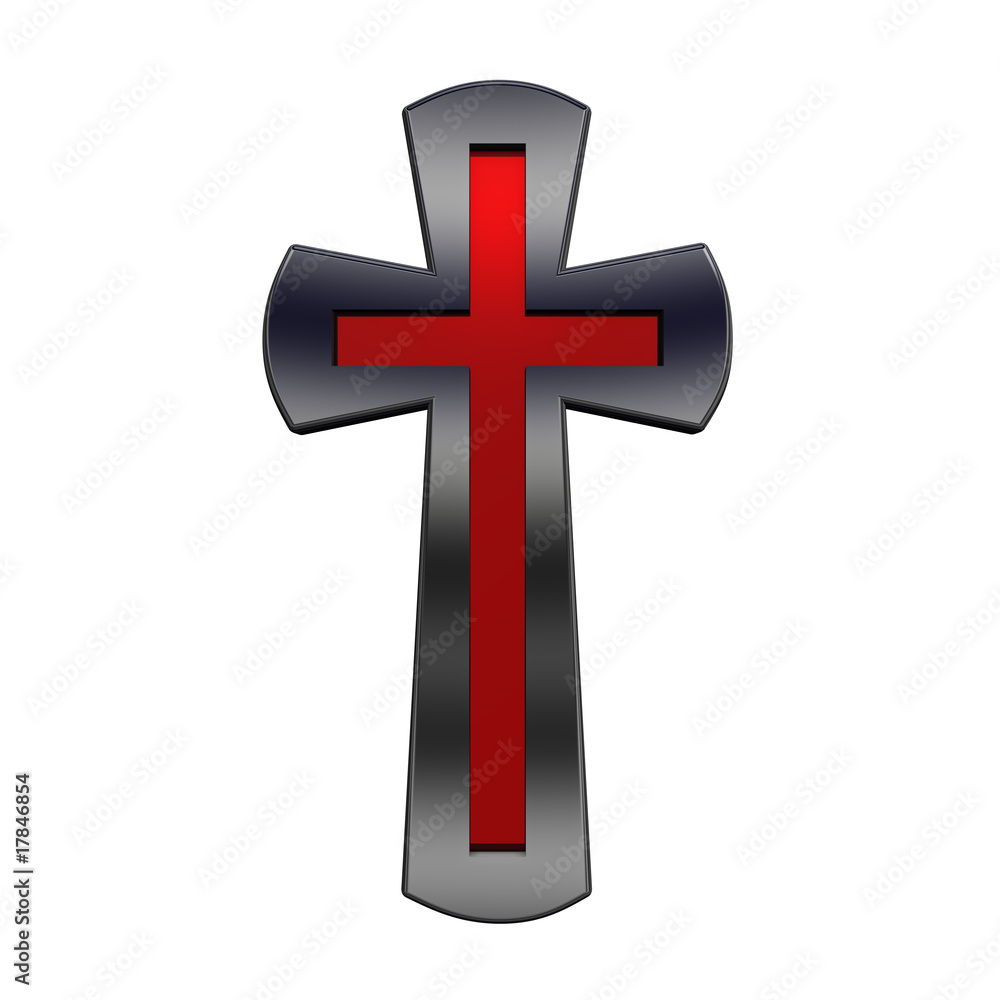 Obraz premium Ruby with shiny black frame Christian cross isolated on white.