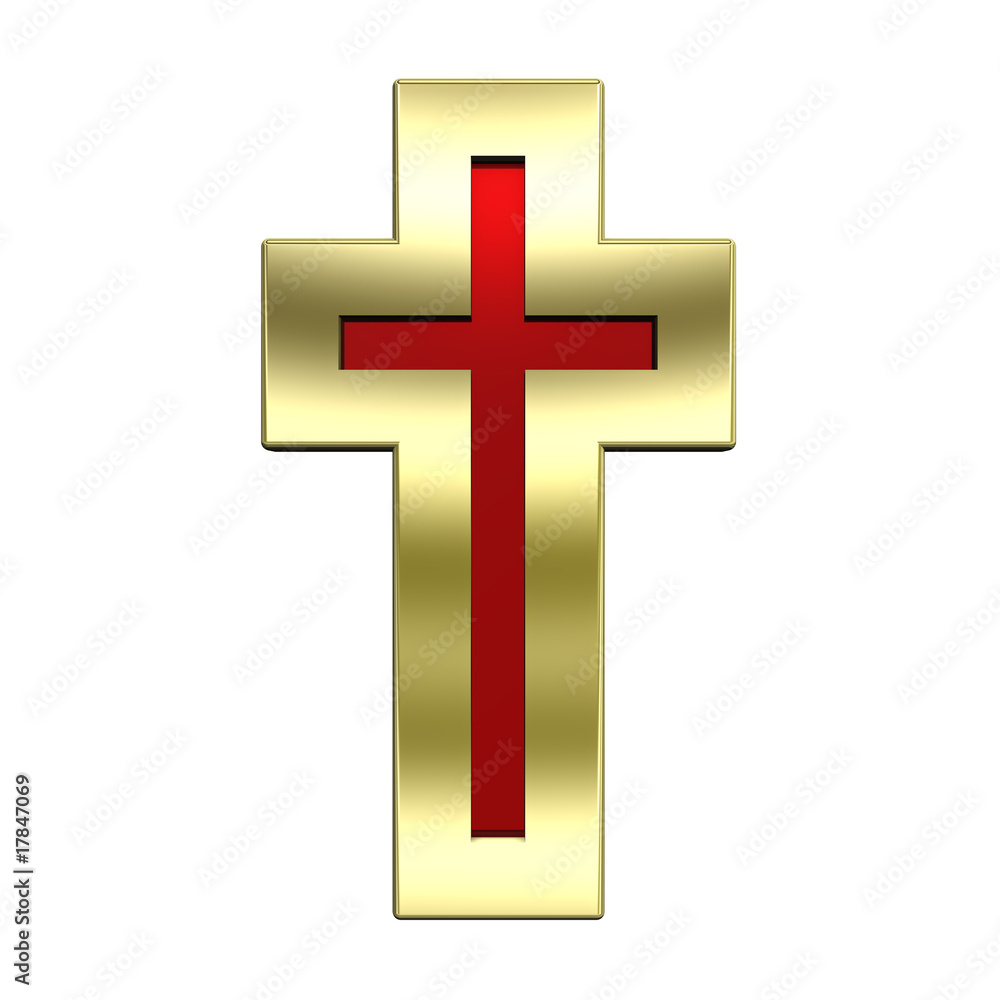 Obraz premium Ruby with gold frame Christian cross isolated on white.
