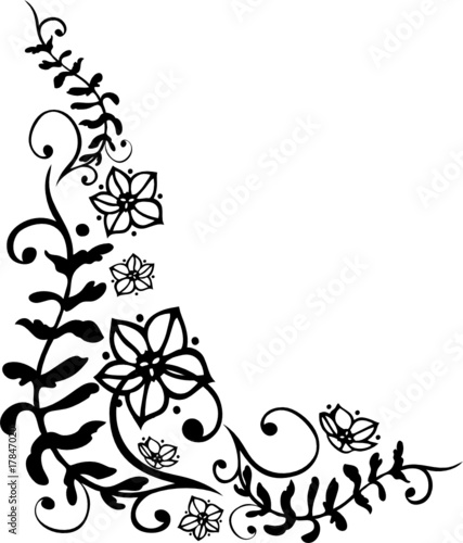Florale Ranke mit filigranen Blüten und Blättern. Schwarzes Ornament als Vektorgrafik für Rahmen, Zierlinie, Tattoo oder botanische Gestaltung