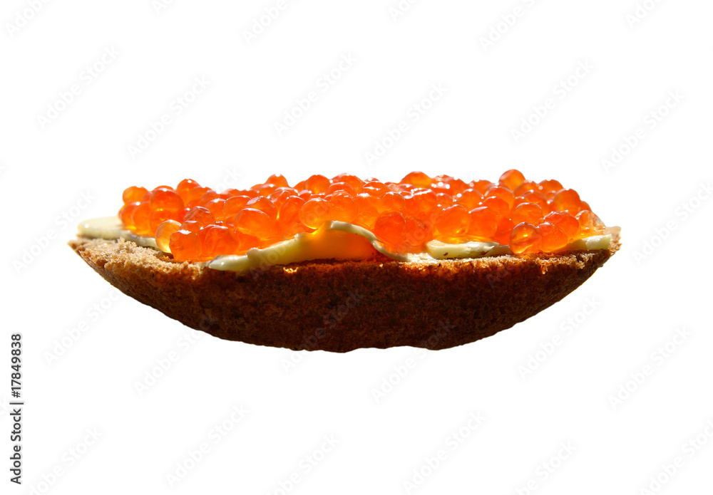 Closeup of caviar sandwich over white background Closeup of caviar sandwich over white background