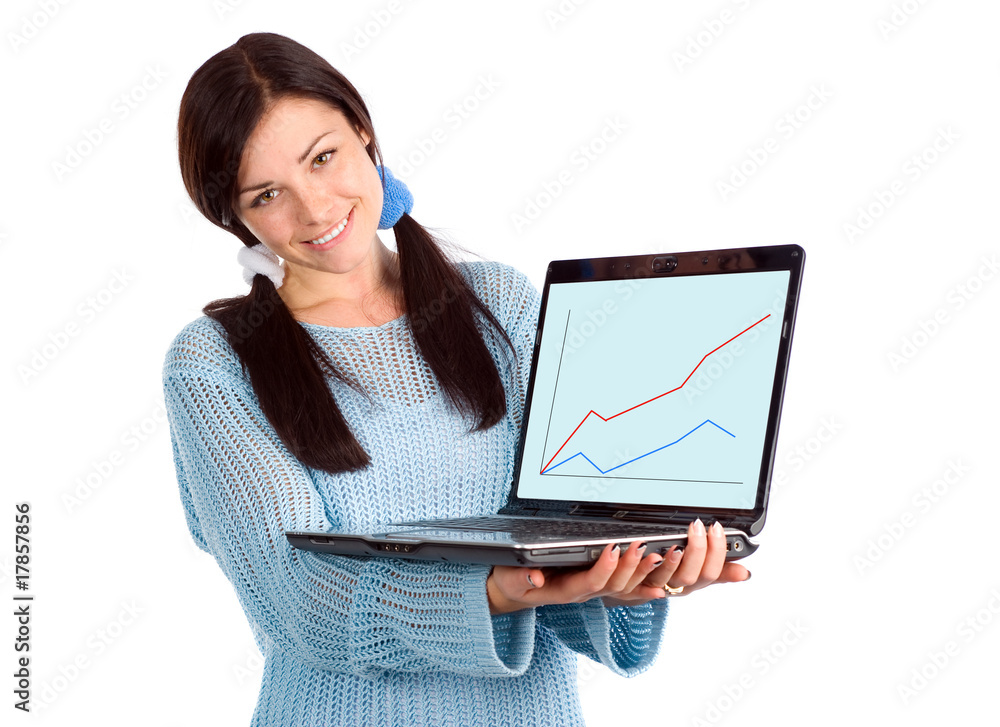 Brunette showing laptop with graph Brunette showing laptop with graph