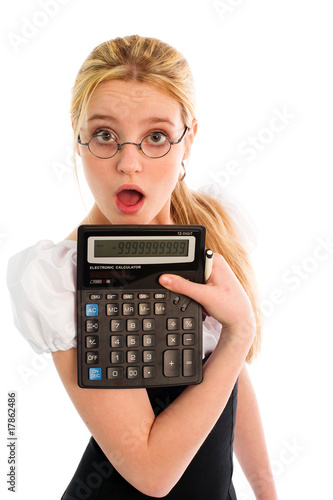 Surprised girl with calculator