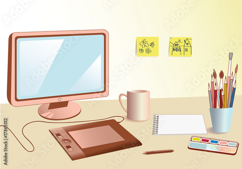 Designer workplace,monitor, pen tablet tools and acessories photo