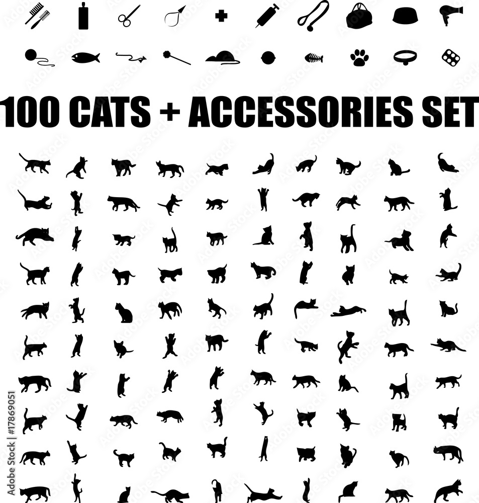 100 cats and accessories icons set, vector pet emblem, cats staf 100 cats and accessories icons set, vector pet emblem, cats staf