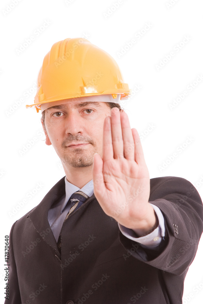 Engineer making stop sign Engineer making stop sign