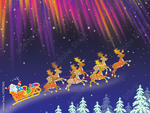 Santa drives sledge with reindeers across night sky