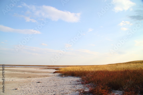 Coast salt lake. salty sand. Hot summer. © Vadim Fogel